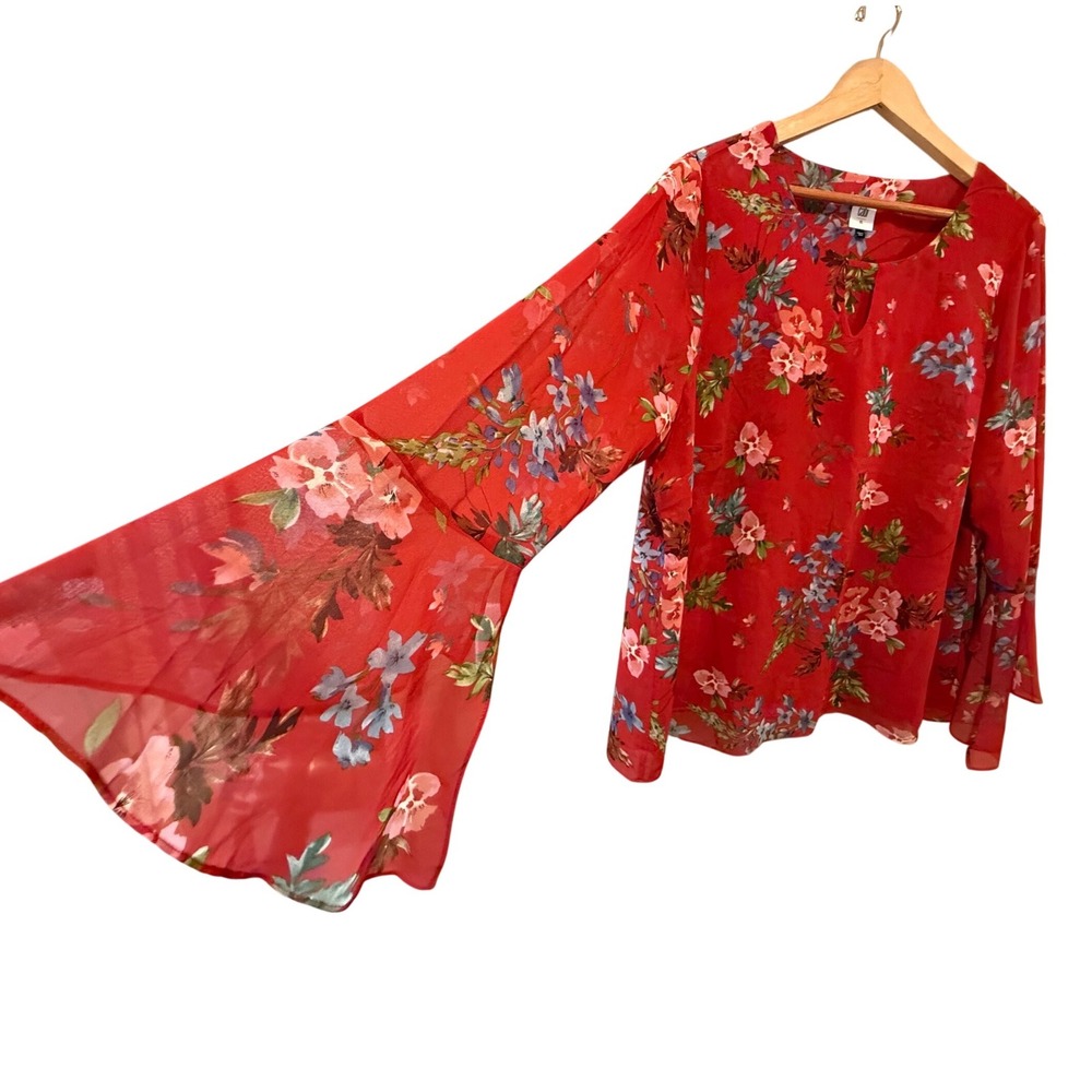 Cabi Siren Blouse Red Floral Bell Sleeve XL